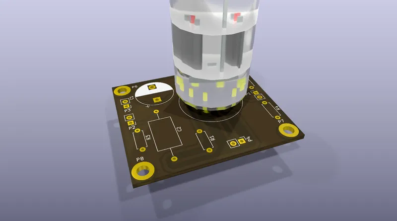 A two-layer board with an ECC83 tube in the KiCad 3D viewer