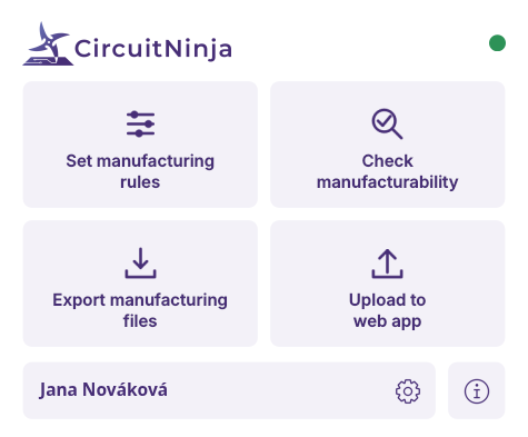 The CircuitNinja menu in KiCad: Set manufacturing rules, Check manufacturability, Export manufacturing files, Upload to web app, and the signed-in account.